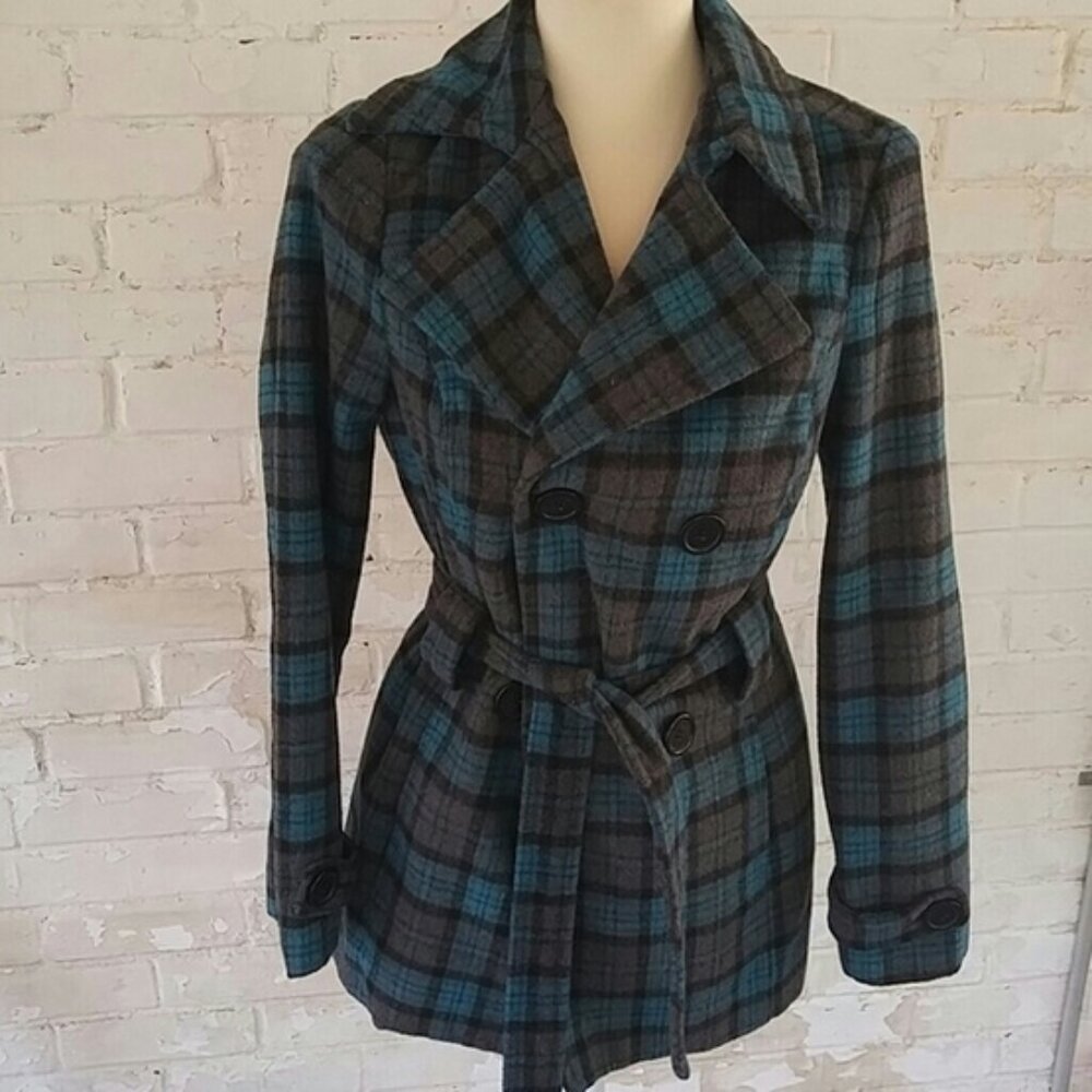 Jou Jou belted blue and gray plaid jacket size small